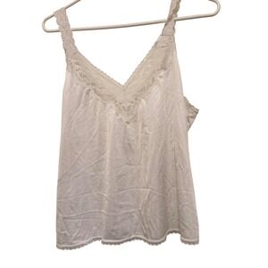 Vanity Fair Camisole Top Womens White Lace Trim Silky V-Neck Vintage Style